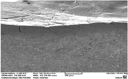 4 SEM micrograph showing cross-section of EDMed piece: a) I=8A & Ti=25µs; I=24A & Ti=1µs which were then transferred and stored on a PC hard disk through a serial cable and port connection.