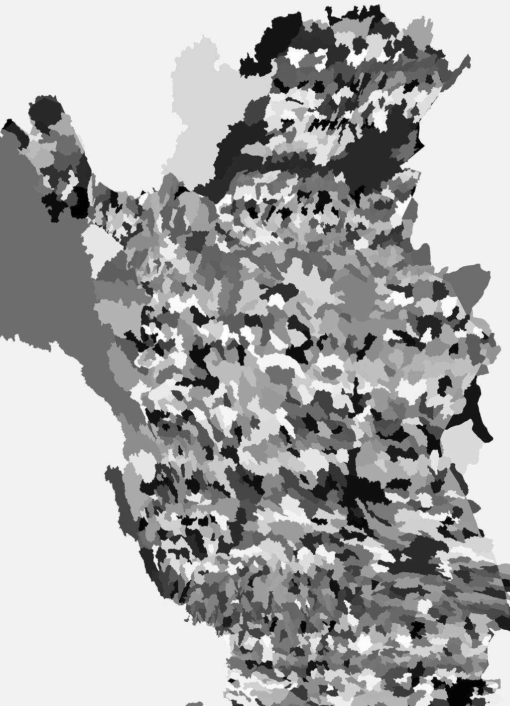Figure 1: The coverage of the RADARSAT images (left), and 2037 sub drainage areas of the Northern Finland shown in different shades of gray (right).