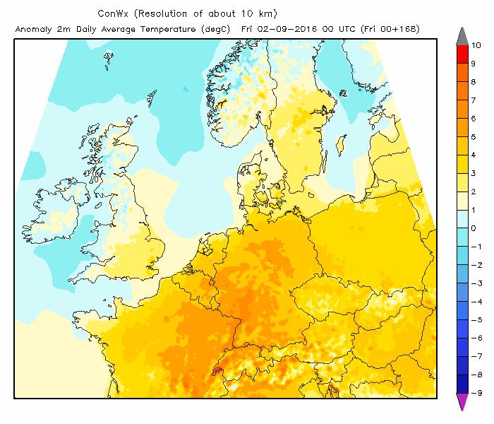 Figure: 7-day temperature anomaly in 2 meters [degrees Celsius] Week 2 (02.08-08.