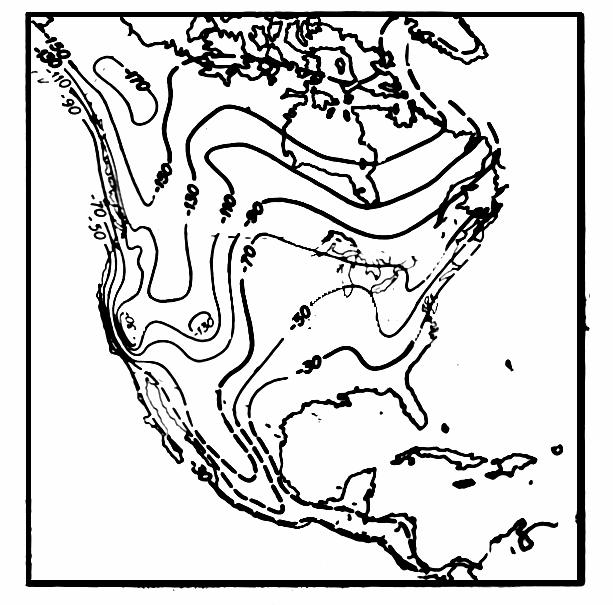 Map of North America showing contours