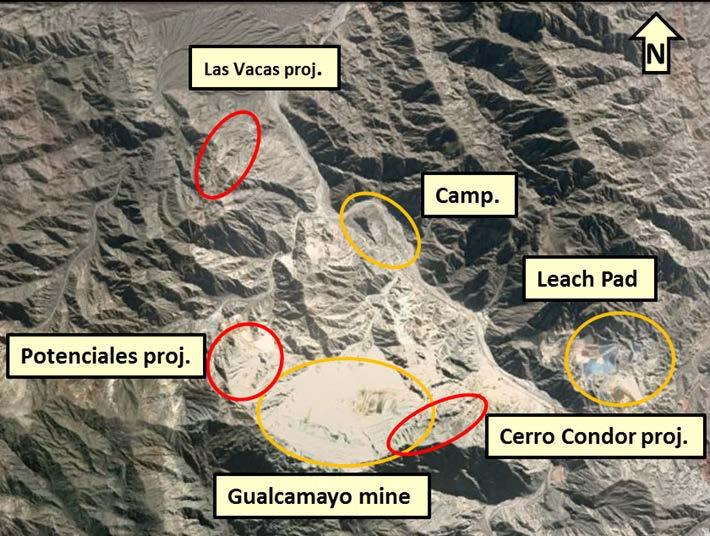 Figure 6: Plan view image of the Gualcamayo Mine open pit and close in exploration targets Las Vacas, Cerro Condor and Potenciales.
