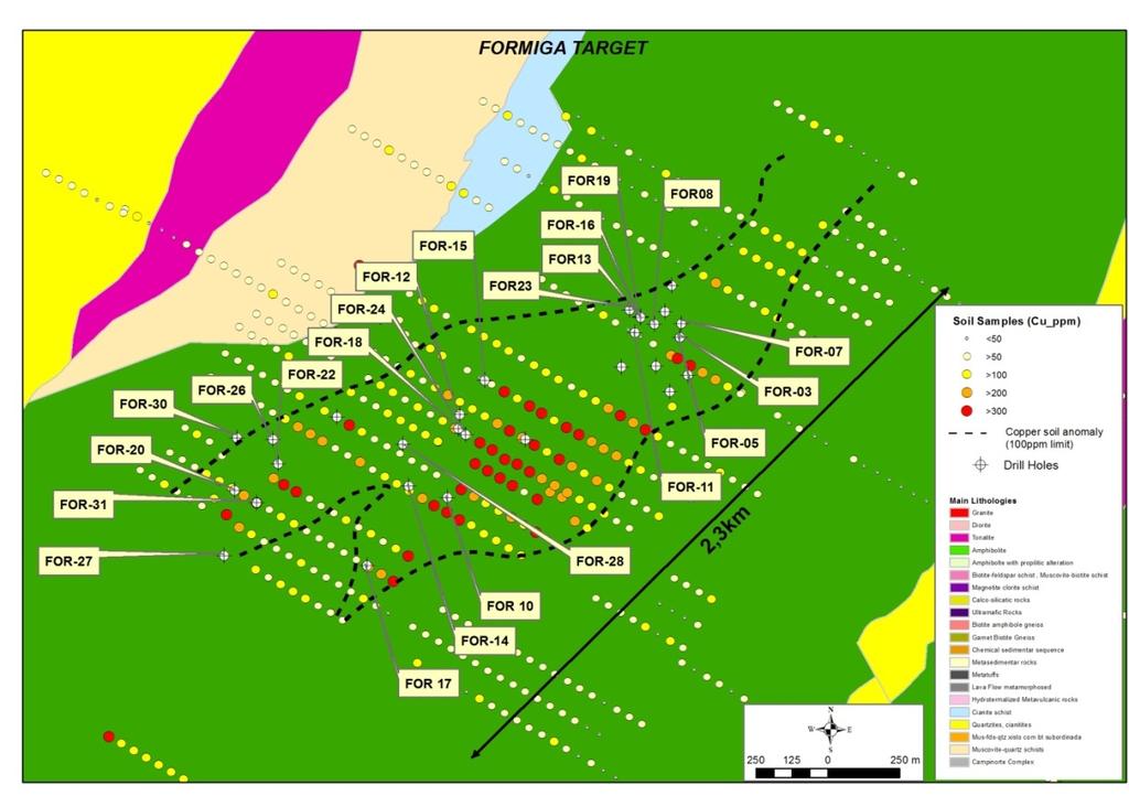 Figure 11: Formiga drill hole location map with geology and soil sample results.