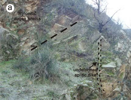 The stretching lineation, marked by elongate quartz and feldspar crystals alignment roughly runs ESE- WNW to ENE-WSW (Fig. 2). Fig.