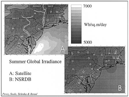 Fig. 10. Space distribution of global irradiance derived from conventional and satellite measurements on the area of US east coast.