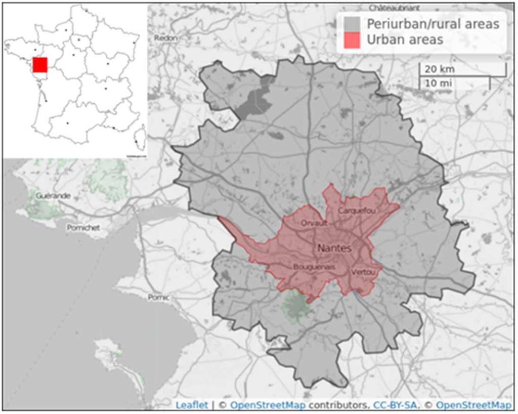 II-Study area and database In order to distinguish spatial contexts, the study area was divided into two samples: (i) the urban area (Nantes Métropole: including 619,000 inhabitants in 2014)