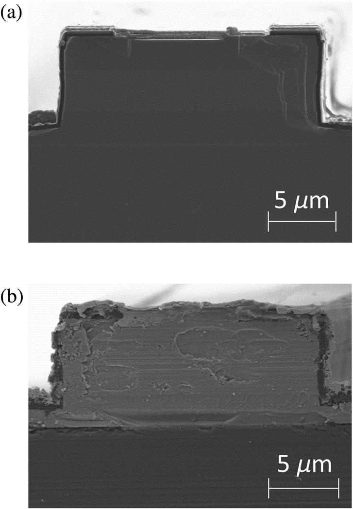 Fig. 3 Scanning electron microscope images of (a) the reference SI InP device and (b) the device transfer-printed on HR-FZ Si. then bonded to the HR-FZ Si wafer using an SU-8 photoresist as adhesive.