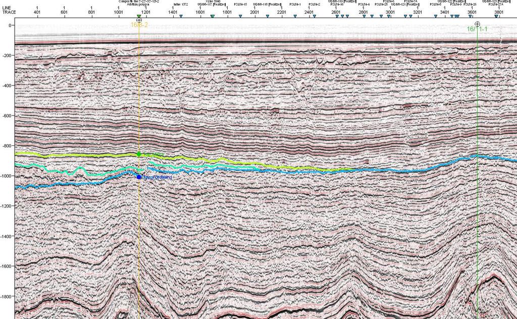 Seismic section through wells 16/8-2 & 16/11-1 fault