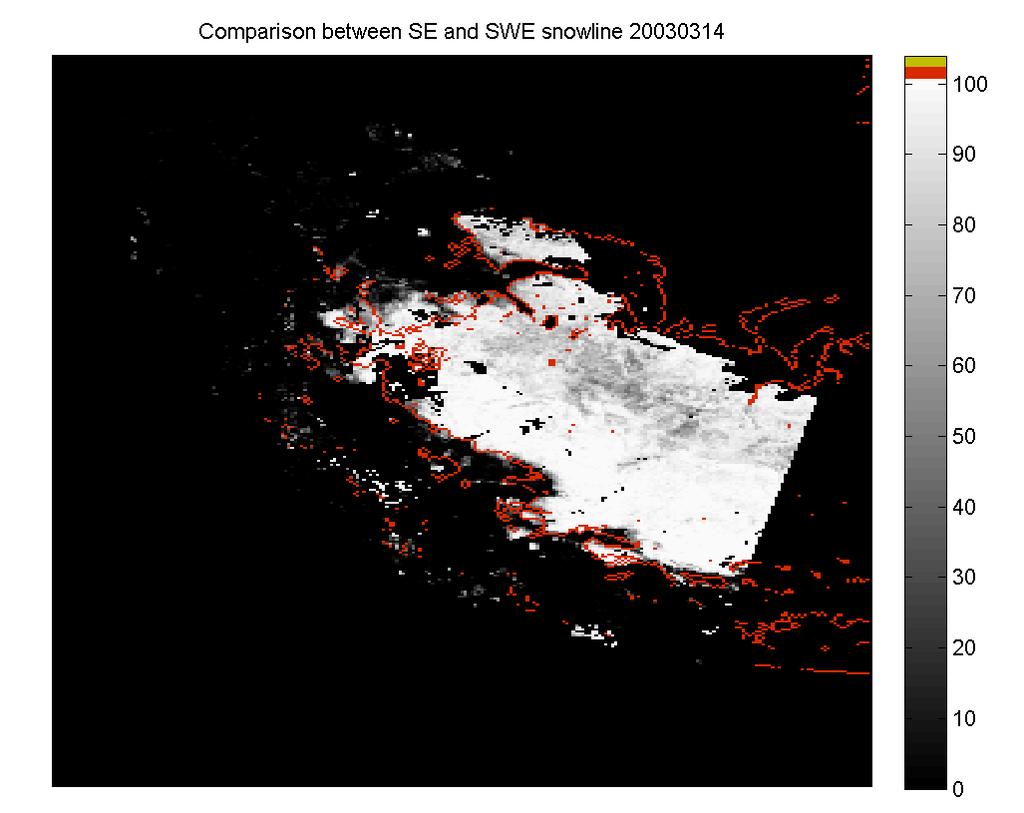SWE product-derived snow-line compared with GlobSnow AATSR SE 10-days composite (14 March 2003) CoReH2O can provide