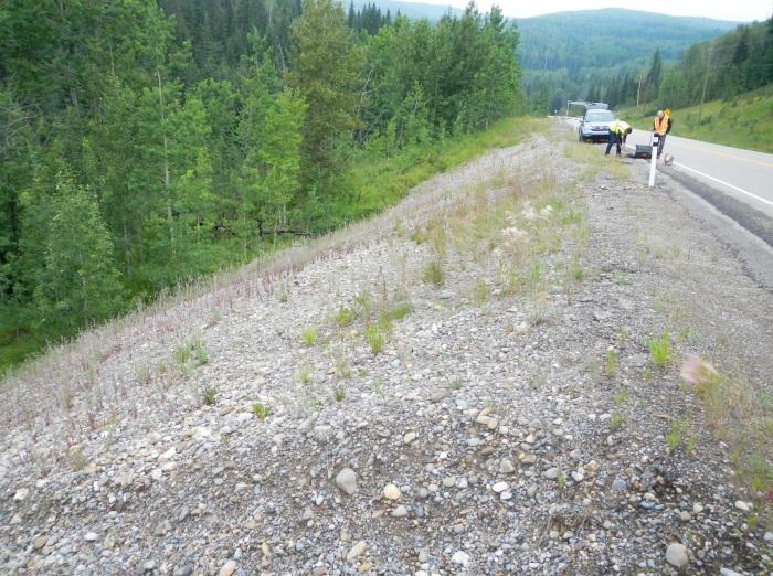 No cracking, settlement or other signs of movement in the highway surface or the gravel slope were observed.