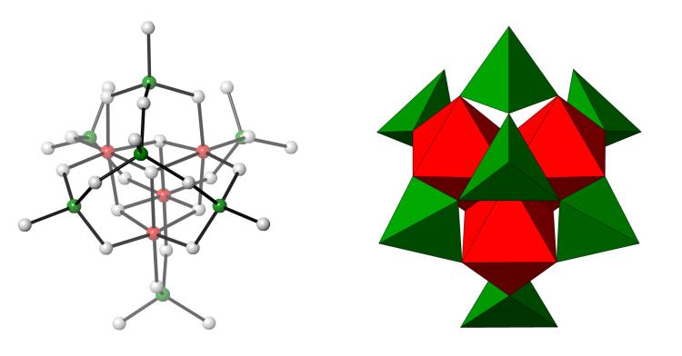 Figure S11 (Left) The Ge 10 cluster with the apical tetrahedron in ball-and-stick and (right) polyhedral representations used to create the Fenske-Hall