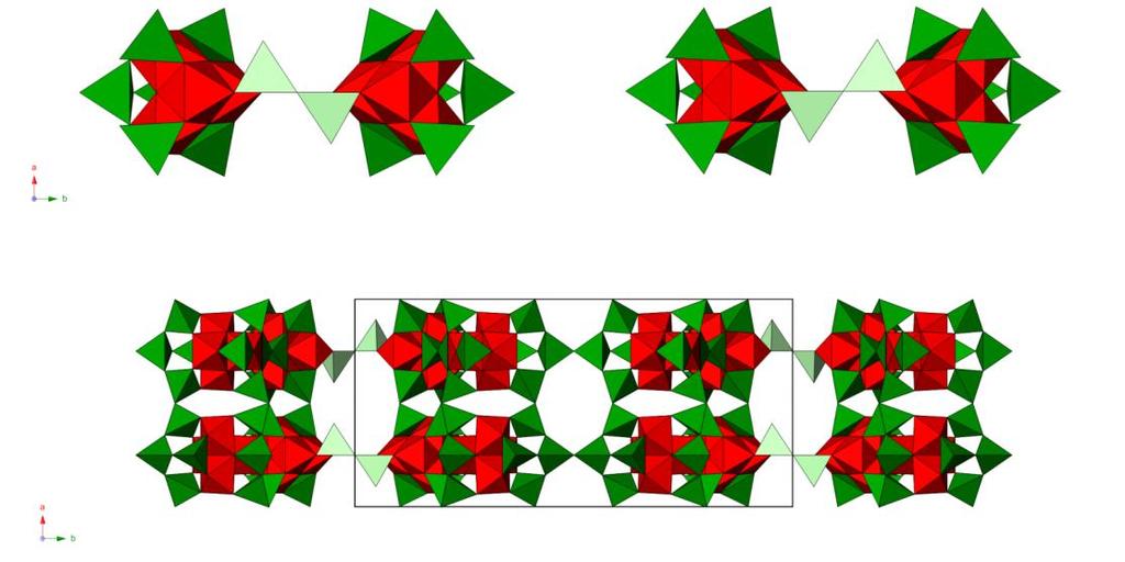 Germanium in tetrahedral and octahedral coordination environments are shown in green and red, respectively. Oxygen atoms are shown in white.