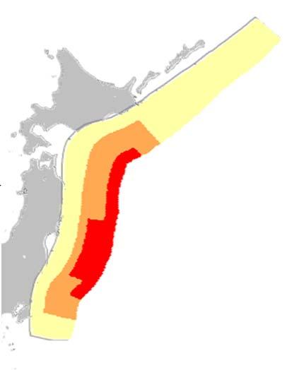 Tsunami Hazard Curve Frequency Tsunami height relation in Kuril-Japan Trench earthquakes Frequency 70 60 50 40 30 20 10 Tsunami source model having large magnitude and extra-large slip zone placed