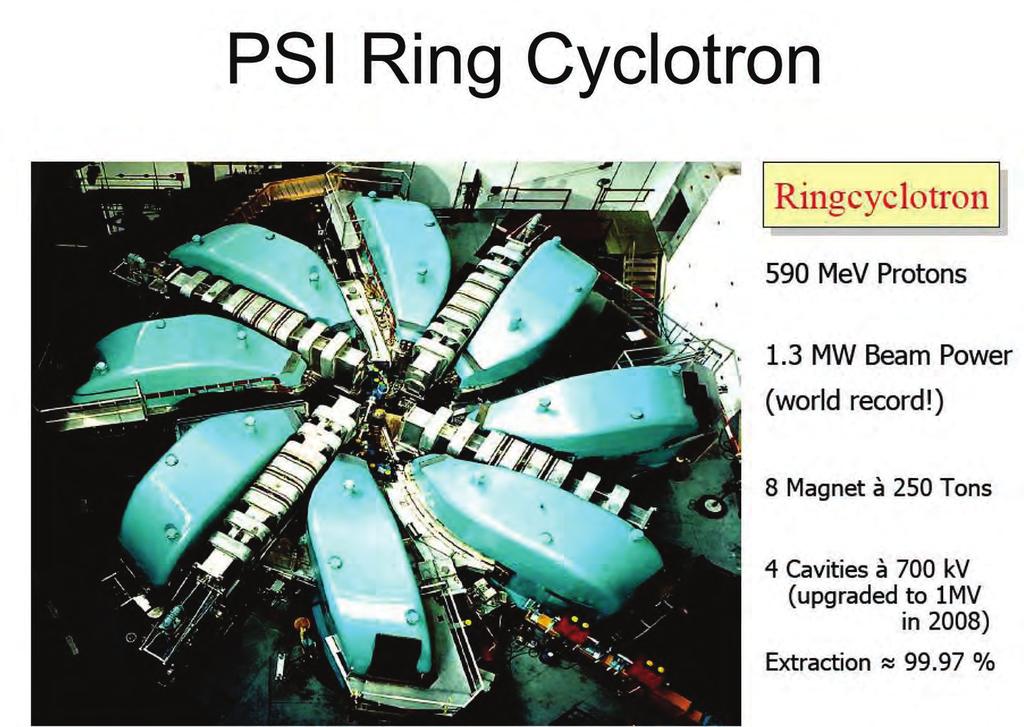 Champion Cyclotron 1 or 2 MW is a limit? Cyclotron: DC magnets and CW beam, ideal for achieving the high-intensity, if the pulsed beam is not requested.