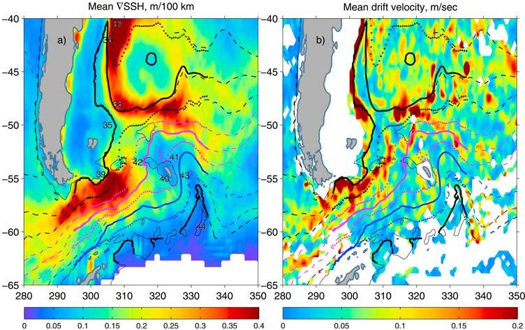 SOKOLOV AND RINTOUL: ACC FRONTS, 1 Figure 16. (a) Mean SSH gradient and (b) mean absolute drift velocities obtained from the Argo floats within the Drake Passage and Scotia Sea.