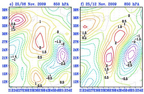 In the last three times the values of the center of relative vorticity moved slowly in a northeasterly direction. Figure 6 shows the relative vorticity at 500 hpa during the period of interest.