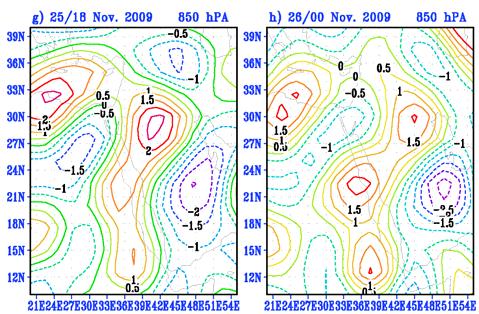 On 24/18 November, the center moved eastward and originated at (30 N, 37.5 E). By 25/00 November the maximum positive vorticity located at (30 N, 37.5 E) moved northeastwards and had a value of 4.