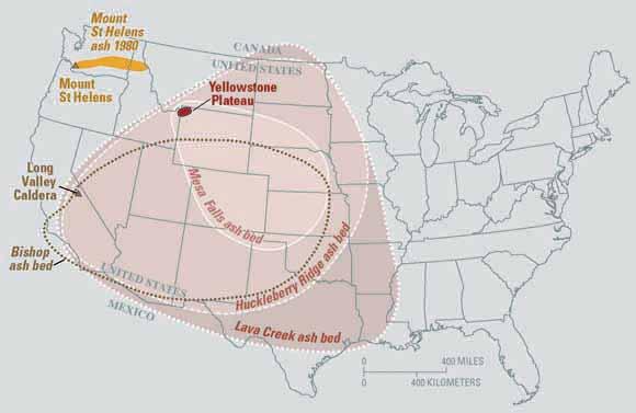 Previous eruptions at the Yellowstone hotspot produced enormous amounts of air-borne volcanic ash and debris, leading to