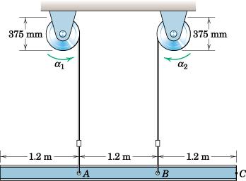If the hoisting drums are given initial angular accelerations α 1 = 4 rad/s 2 and α 2 = 6 rad/s 2, calculate the corresponding tensions T A and T B in the cables.