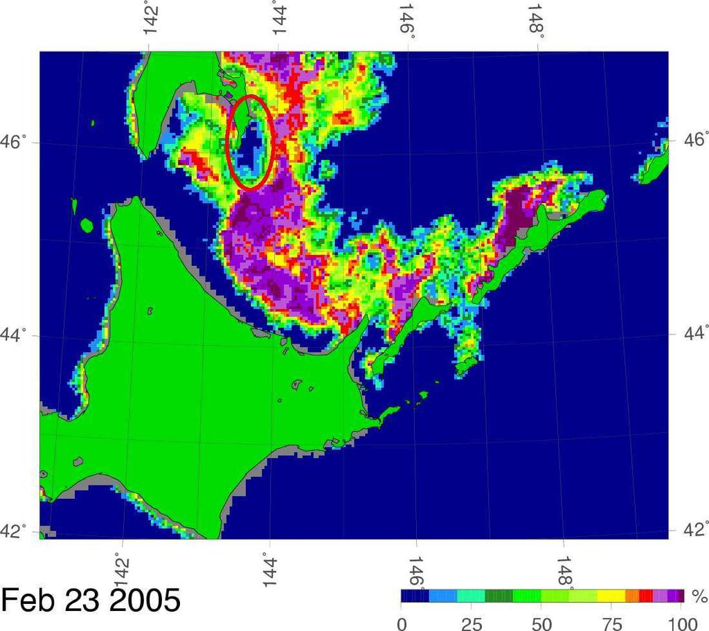 AMSR-E Bootstrap, 12.5 km AMSR-E ASI, 3.125 km TERRA MODIS Feb-23-2005 (channels 7,2,1, time: 01:25 UTC) Fig. 3. Comparison of ice concentrations on Feb-23-2005 in the Sea of Okhotsk.