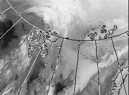 Case Study Spitsbergen A B 03 Apr 1998 at IR satellite image (11.5-12.5µm). The red Rectangle indicates the location of the GOME center pixels of Orbit 80403140.