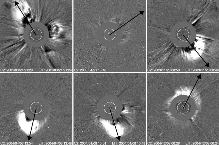Figure 9. Snapshot images of the six CMEs associated with the driverless shocks (listed in Table 2). These are running difference images obtained by SOHO/LASCO using its inner coronagraph, C2.