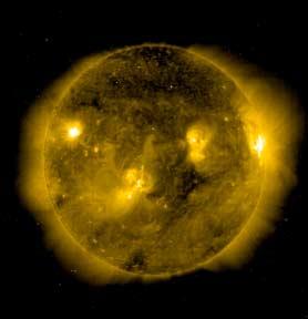 Coronal holes appear bright at this wavelength.