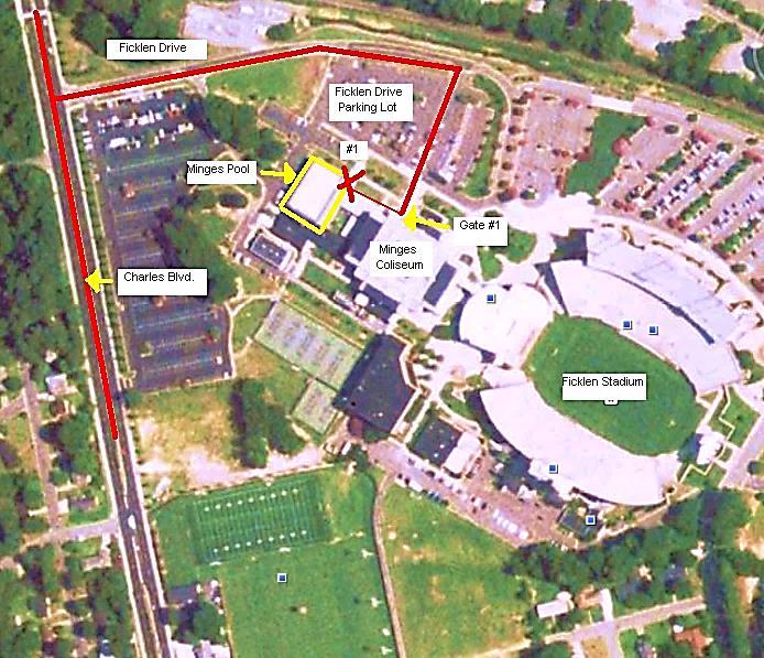 Swimming & Diving EAP: Minges Aquatic Center There is one main entrance/exit for emergency access to the Minges Pool: To access Minges Pool turn onto Ficklen Drive from Charles Blvd.