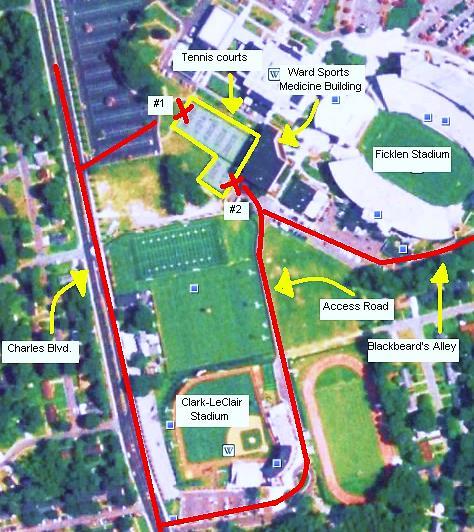 Tennis EAP: ECU Outdoor Tennis Complex There are two main entrances/exits for emergency access to the Tennis Courts: Entrance #1: To access the west side of the tennis courts turn into the Lower