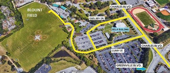 Blount Field: W. Lacrosse & W. Soccer Practice Field Venue Address: Curry St., Greenville, NC 27858 (behind the Belk Building) Emergency Vehicle Access: Turn on to Curry St. off of Charles Blvd.