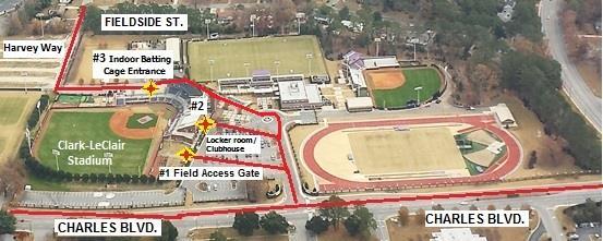 Baseball EAP: Clark-LeClair Stadium There is one main entrance/exit for emergency access to the Clark-LeClair Stadium field, and two main entrances to the stadium s indoor facilities: #1: The gate