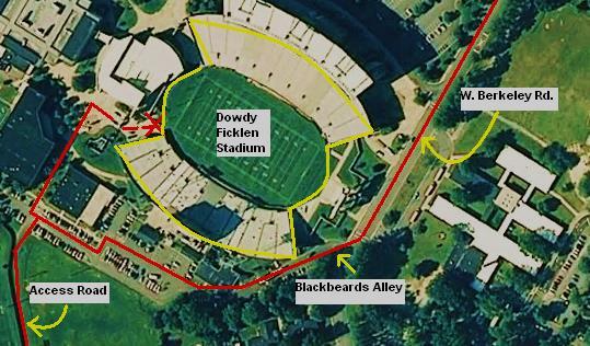 Football EAP: Dowdy-Ficklen Stadium There are two main road entrances/exits for emergency access to Dowdy-Ficklen Stadium: Access can be gained by turning off of Charles Blvd.