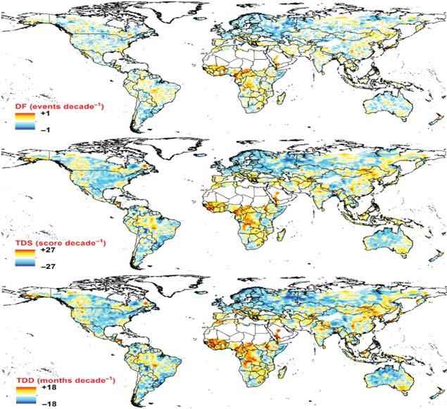 Results (3) Global past trends DF TDS World drought frequency, duration, and severity