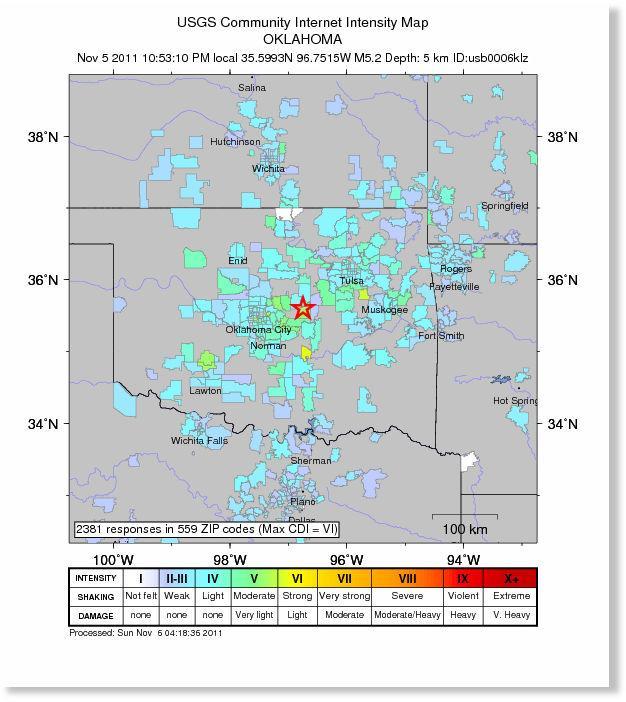 Oklahoma Earthquake November 6, 2011 Oklahoma had an earthquake that had a magnitude of a 5.6. The largest they have ever seen.