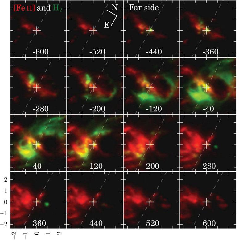 AGN feeding and feedback 359 Figure 2. Channel maps of the inner 200 pc (radius) of NGC 1068 in the [Feii]λ1.644 μm (red) and in the H 2 λ2.122 μm (green) emission lines.