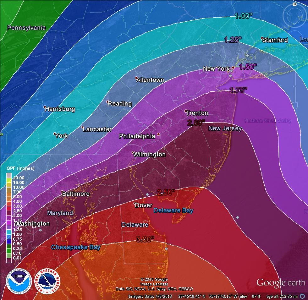 Rainfall Rainfall totals of 1 to 3 inches are forecast, with heaviest amounts closer to the coast