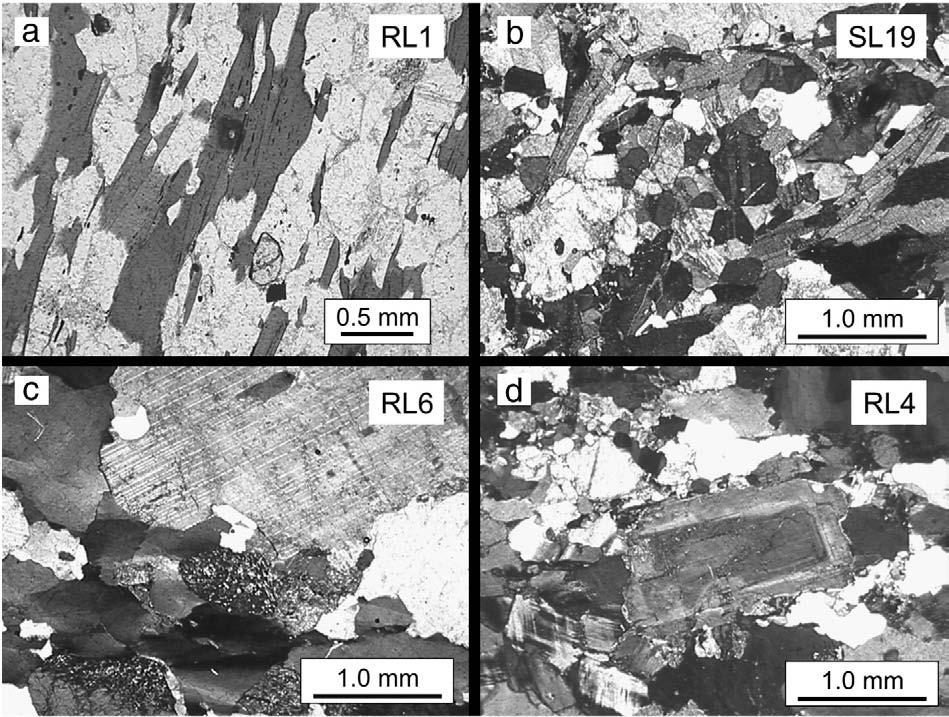 da Meia-Lua Suite, Cambaí Complex, and (d) Cerca de Pedra granodiorite (sample SL4), Sanga do Jobim Suite, Cambaí Complex.