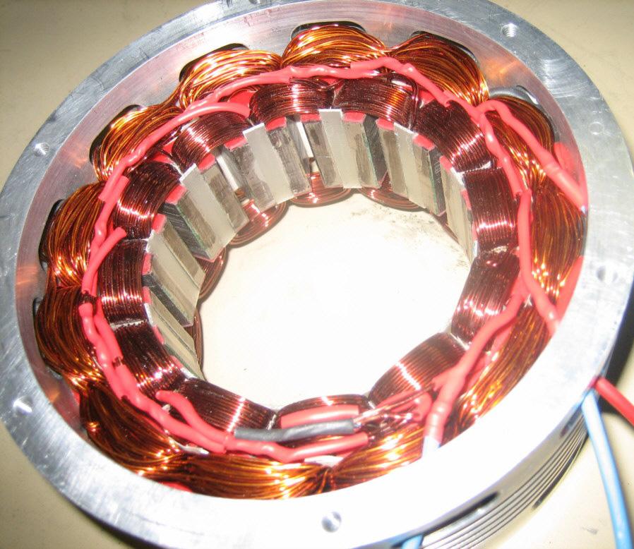 On figure 5, we can see windings of the three phases and excitation circuit. Fig. 4. Stator iron core Fig. 5. Stator iron core and winding Also, all the active parts are arranged on the static part (stator) which is beneficial to evacuating the copper and iron losses.