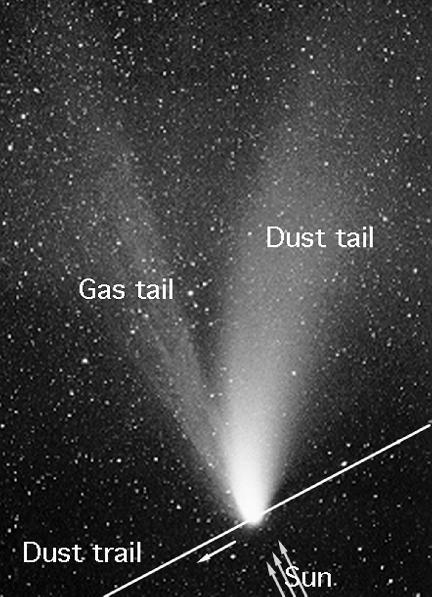 from the Sun and is surrounded by a thin, invisible hydrogen envelope Comet tails usually show two parts, an ion (gas) tail and a dust tail Comet Tails The ion tail is made