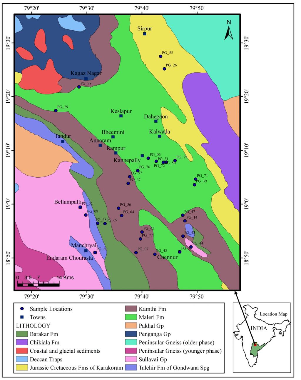 Fig.1. Geological map of Pranahita-Godavari Basin with sample locations (MODIFIED AFTER GSI, 1994).