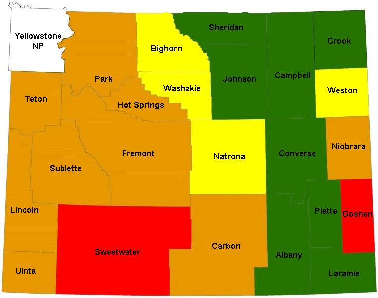 Wyoming Water Availability The most recent drought status assessment from the Wyoming State Climatologist (Figure 8a) indicates that eight counties in northern and eastern Wyoming have been upgraded