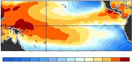 These conditions included a rapid decrease in sea surface temperature (SST) anomalies in the central Pacific, and the development of below average SSTs near the equator along the South American coast.