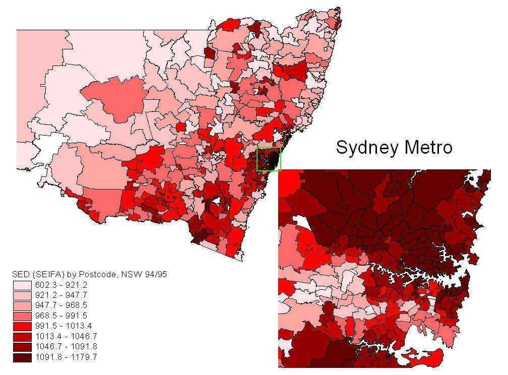 Health outcomes by postcode in NSW, Australia methodological challenges areal (postcode) units vary drastically in size data misalignment relate areal