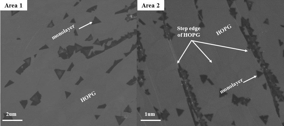 fig. S1. The SEM of as-grown MoS2 on HOPG via CVD showing two different areas. 2.