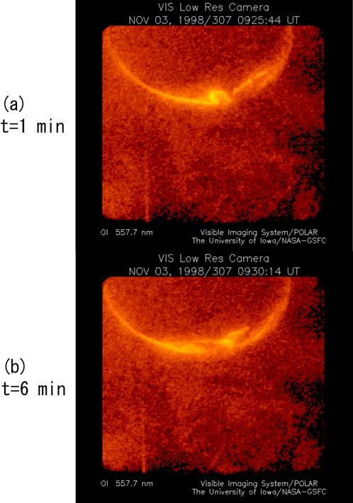 Figure 3. Auroral images from Polar VIS at the substorm onset on 3 November 1998. at 0924 UT at 23 h MLT moved westward, while another intense aurora appeared at 0930 UT at 24 h MLT.