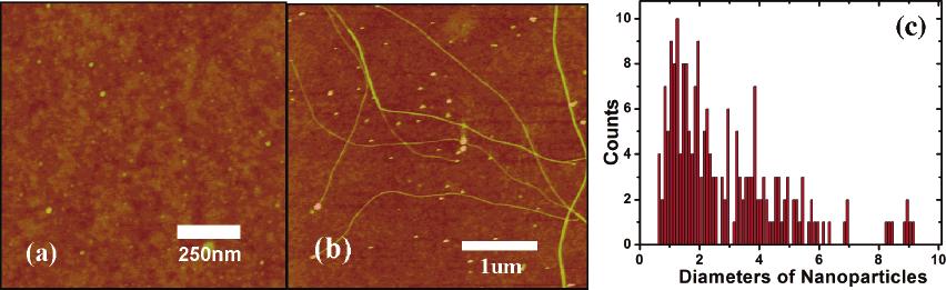 Controlling SWNT Diameter by Carbon Feeding J. Phys. Chem. B, Vol. 110, No. 41, 2006 20255 Figure 1. (a) AFM image of the surface before CVD growth shows nanoparticles of various diameters.