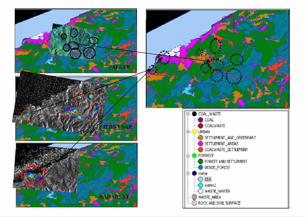 Figure 5. Interferometric SAR images superimposed onto the vectorized classes on ZMA. 3. RESULTS PALSAR and RADARSAT images with similar temporal coverage were searched for urbanized area in ZMA.