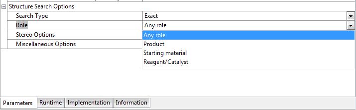 12 In the Structure Search Options tab in the configuration dialog of the Reaxys Reactions Pipeline Pilot component, additional role options need to be specified (Figure 7).