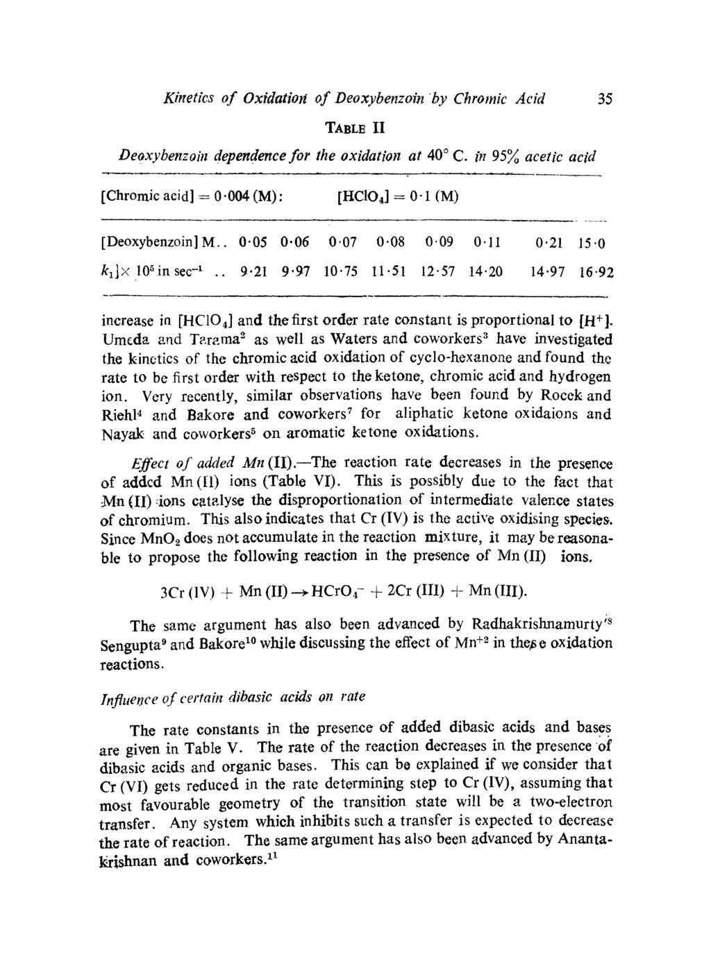 Kinetics of Oxidation of Deoxybenzoin by Chromic Acid 35 TABLE II Deoxybenzoin dependence for the oxidation at 40 C. in 95% acetic acid [Chromic acid] = 0.004 (M): [HC1O4] = 01(M) [Deoxybenzoin] M.. 0.05 0.