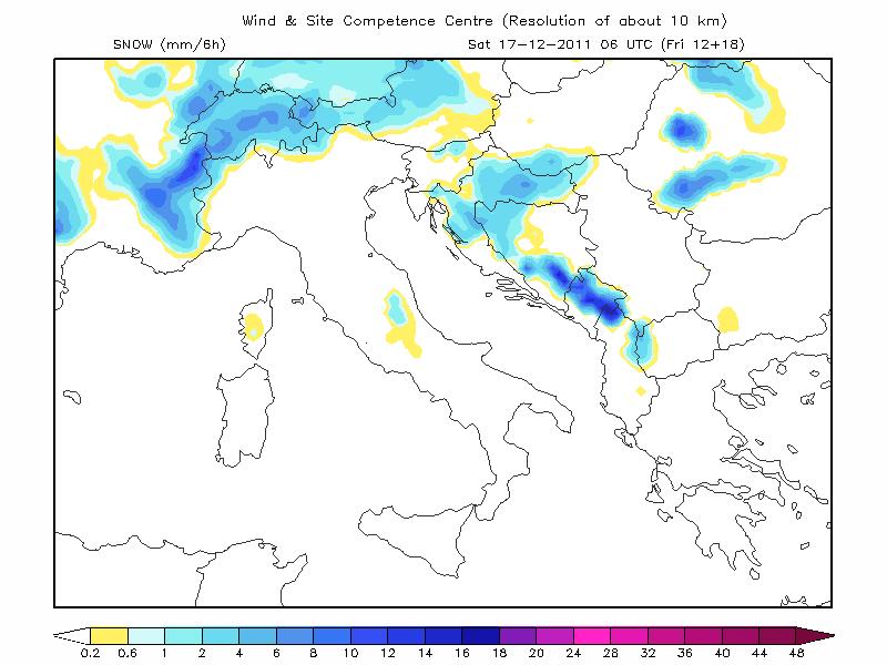 Eta model with standard orography vs. Eta model with new orography snow in Croatia Figure 18. Predicted 6h accumulated snow (mm) from Eta model (mm/6h) with standard orography at 17.12.2011.