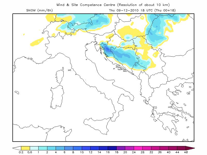 Eta model with standard orography vs. Eta model with new orography-snow in Croatia and Slovenia Figure 22. Predicted 6h accumulated snow (mm) from Eta model (mm/6h) with standard orography at 9.12.